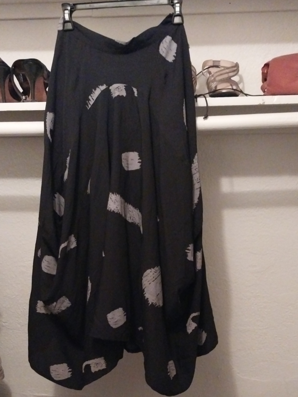 Black Asymmetrical Midi Skirt with Gray Brush-Print